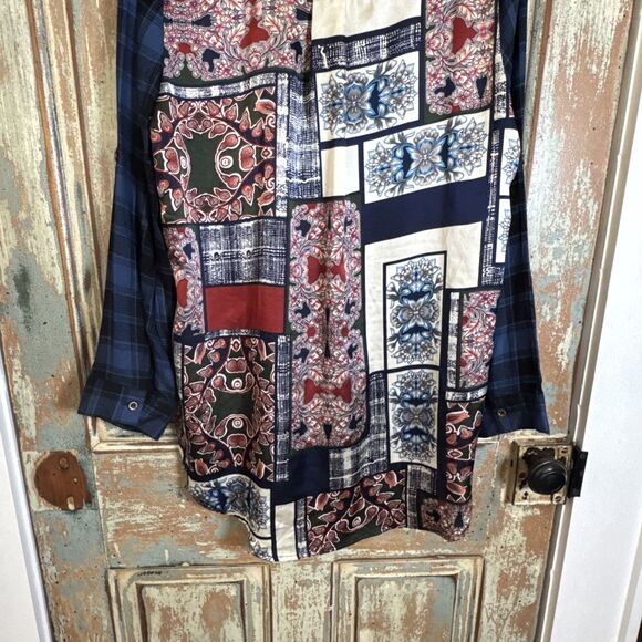 BD Collection Womens L Blue Plaid & Floral Scarf Back Blouse Collar Button - Picture 8 of 11